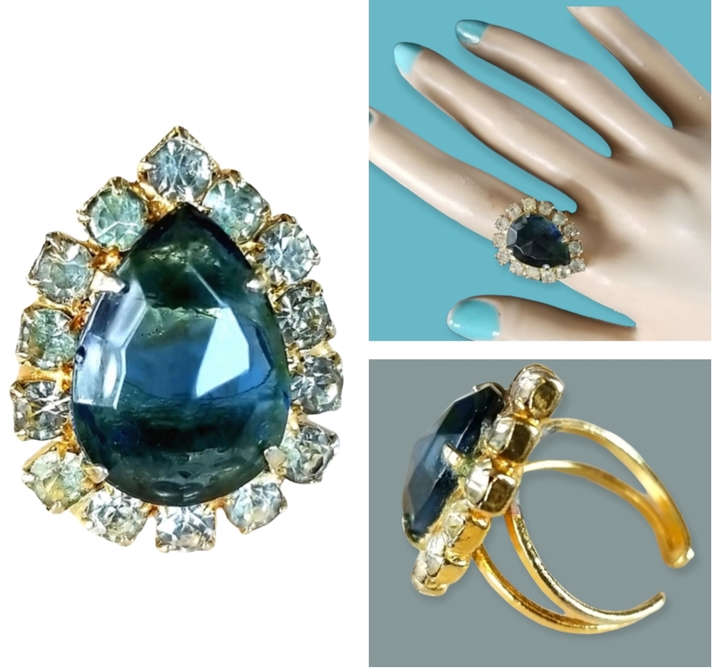 Vintage Sapphire Rhinestone Ring Adjustable